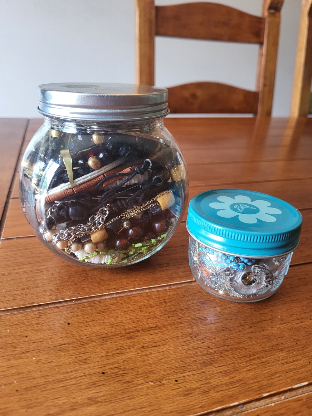 Two Glass Jars Filled with Jewelry and Beads - Turquoise Lid Accent
